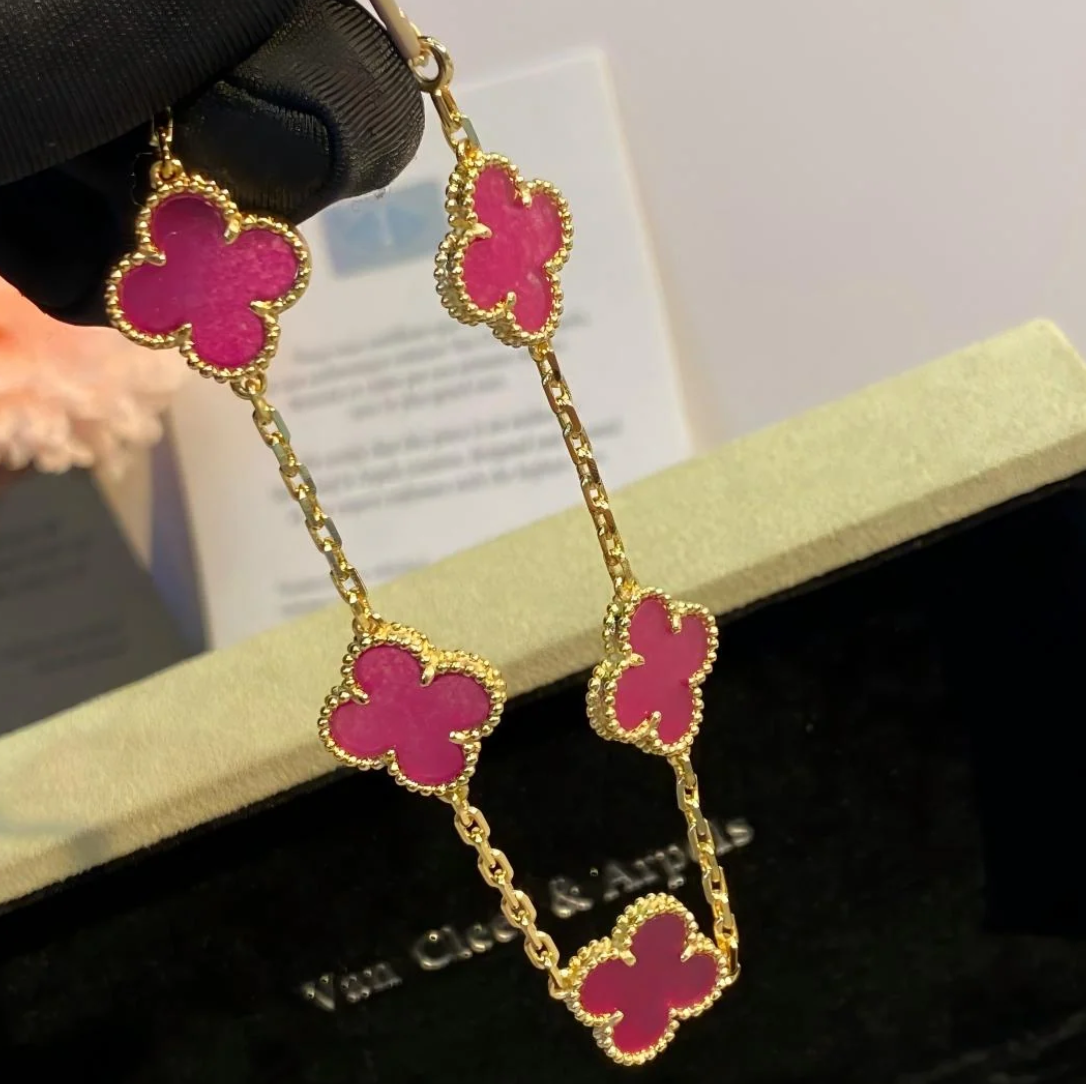 [⭐Lioran]NEW CLOVER 5 MOTIFS PINK ENAMEL BRACELET