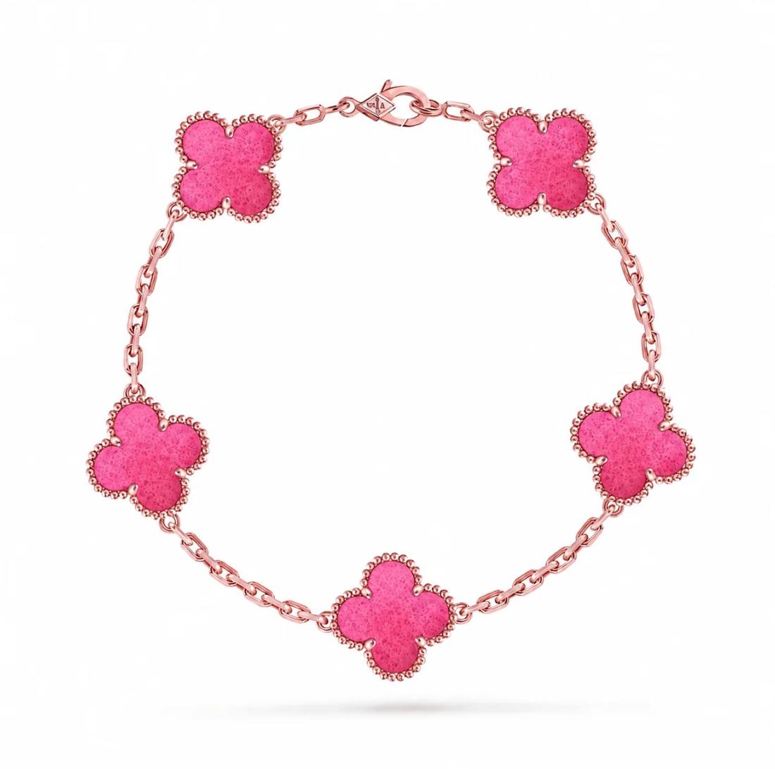 [⭐Lioran]NEW CLOVER 5 MOTIFS PINK ENAMEL BRACELET