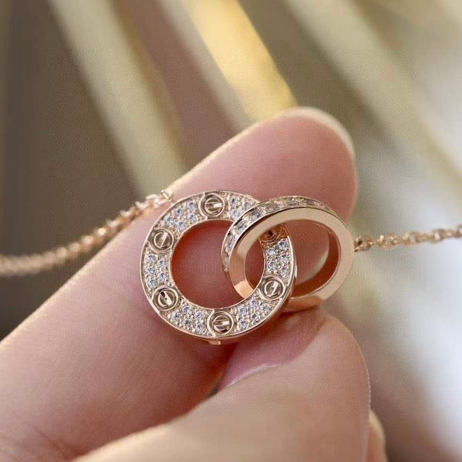 [⭐Lioran]LOVE 7.6MM NECKLACE ROSE GOLD AND SILVER  FULL DIAMOND