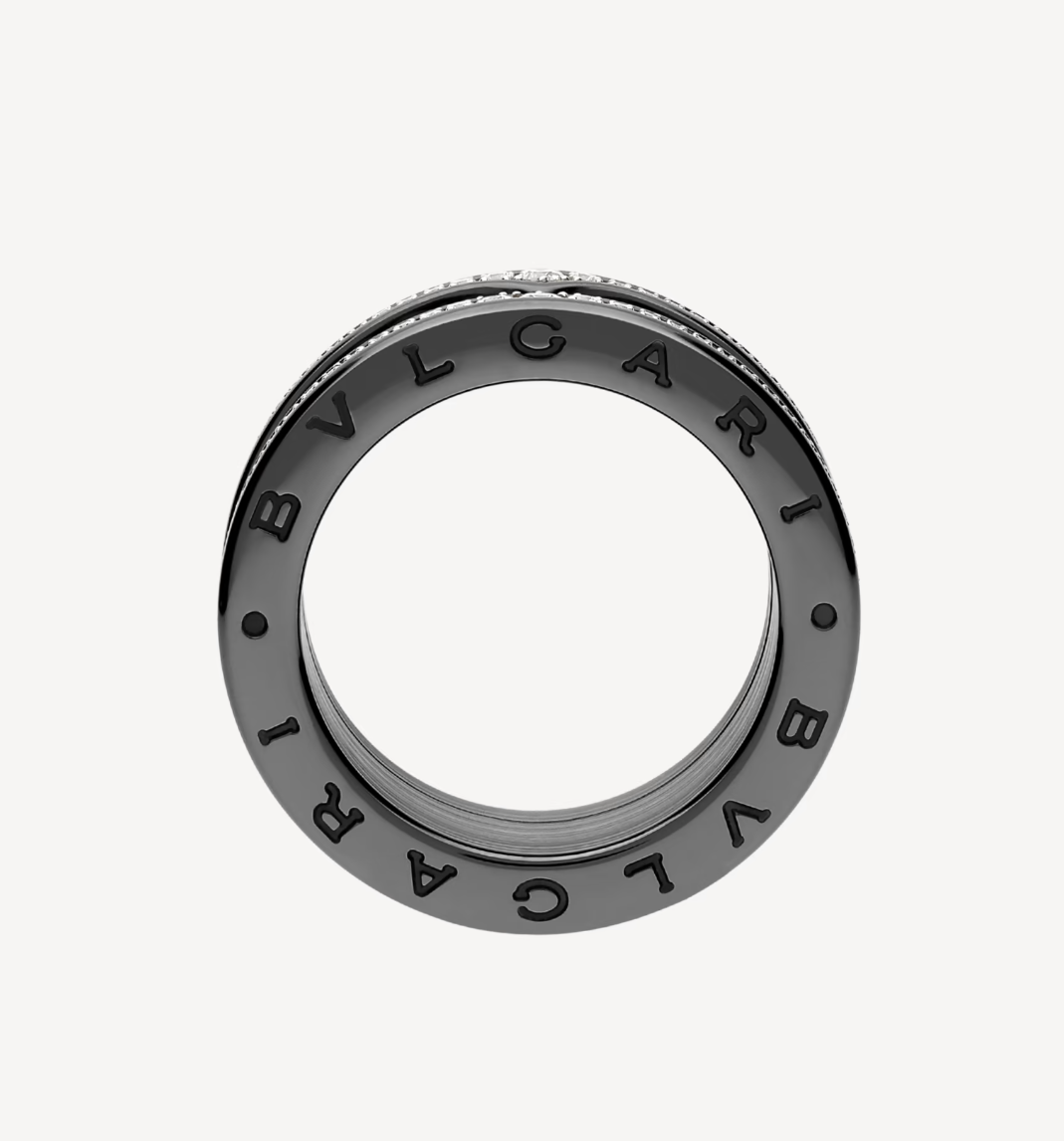 [⭐Lioran]ZERO 1 ROCK FOUR-BAND BLACK CERAMIC WITH STUDDED SPIRAL AND PAVED DIAMONDS RING