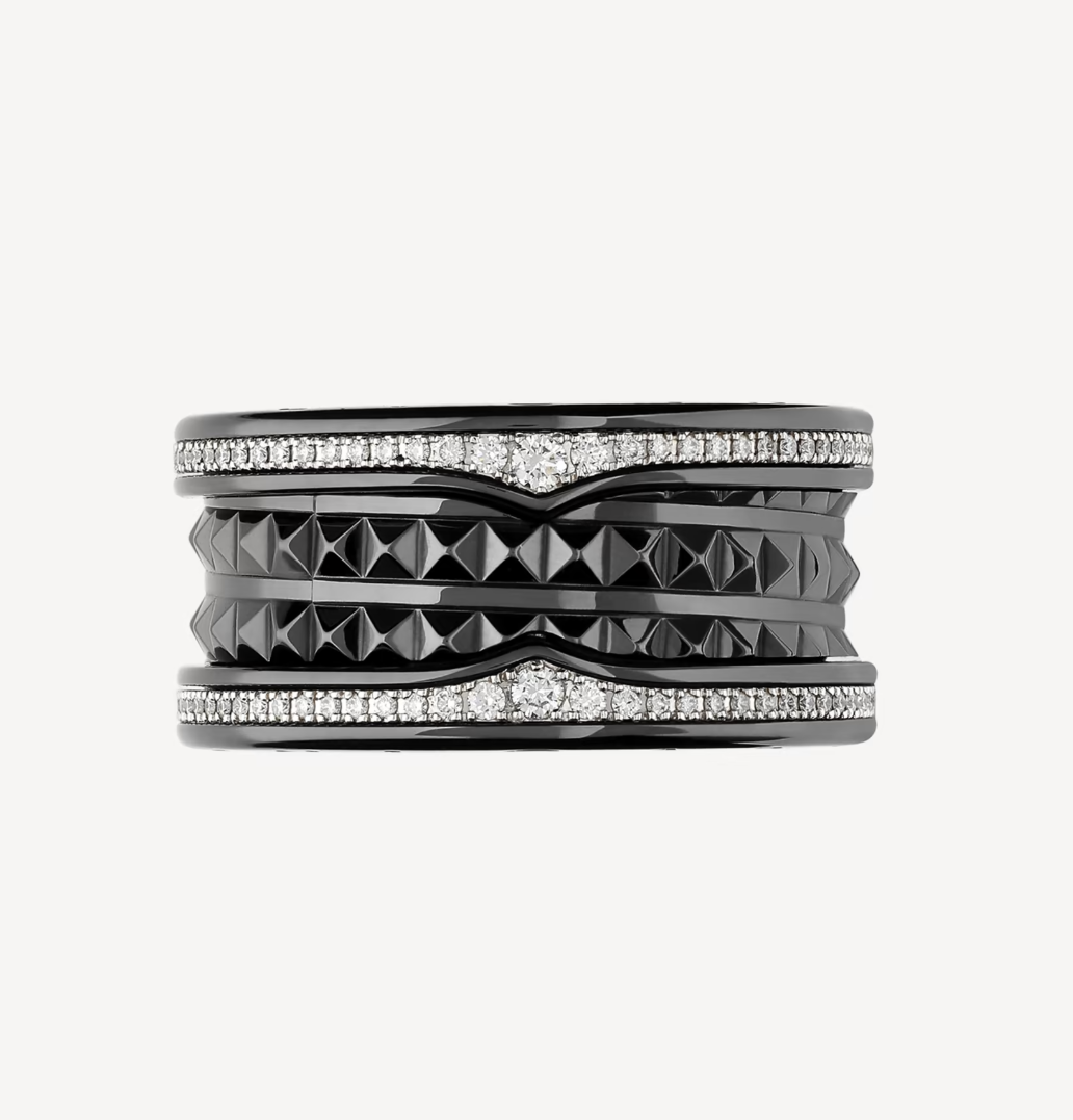 [⭐Lioran]ZERO 1 ROCK FOUR-BAND BLACK CERAMIC WITH STUDDED SPIRAL AND PAVED DIAMONDS RING