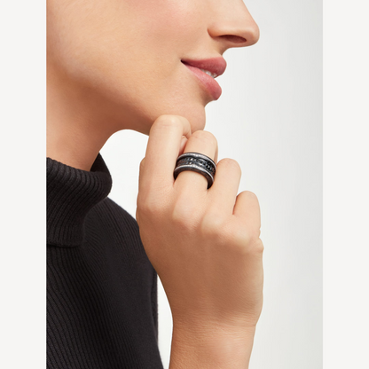 [⭐Lioran]ZERO 1 ROCK FOUR-BAND BLACK CERAMIC WITH STUDDED SPIRAL AND PAVED DIAMONDS RING