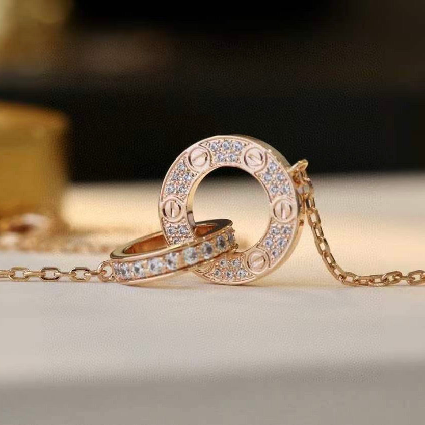 [⭐Lioran]LOVE 7.6MM NECKLACE ROSE GOLD AND SILVER  FULL DIAMOND