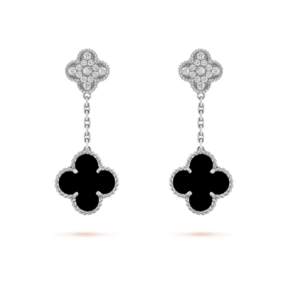 [⭐Lioran]CLOVER 2 MOTIFS  DIAMOND ONYX EARRINGS SILVER
