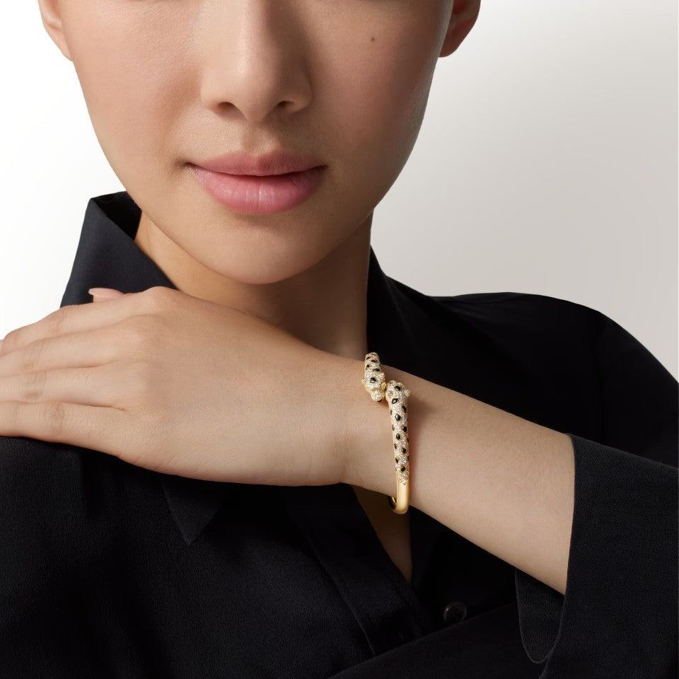 [⭐Lioran]PANTHERE DOUBLE HEADED HALF DIAMOND OPEN BRACELET