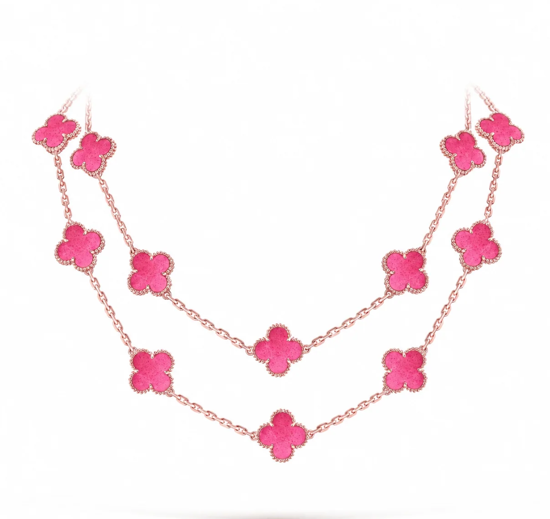 [⭐Lioran]NEW CLOVER 20 MOTIFS PINK ENAMEL NECKLACE