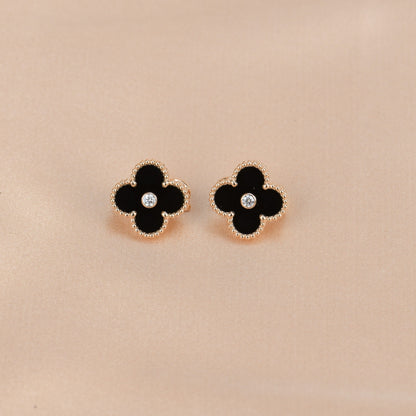[⭐Lioran]CLOVER MEDIUM 1 MOTIFS ONYX DIAMOND EARRINGS