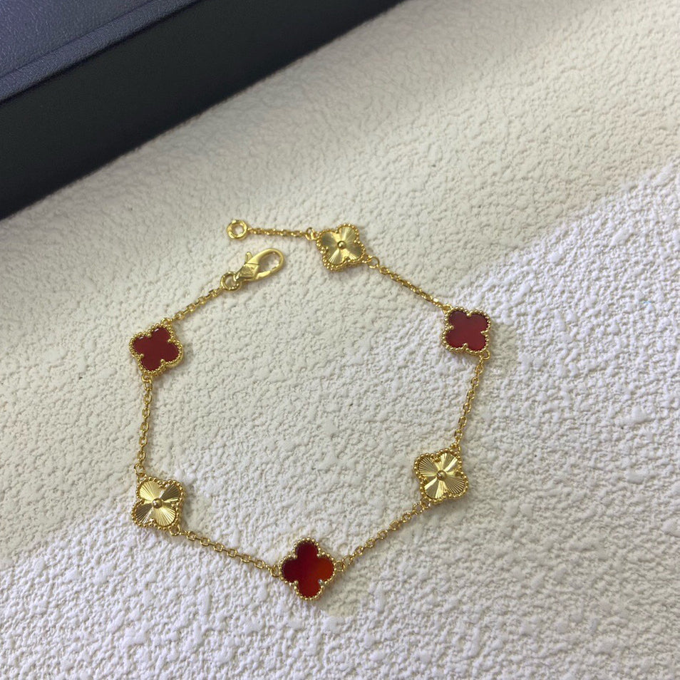 [⭐Lioran]CLOVER 6 MOTIF RED AGATE LASER BRACELET