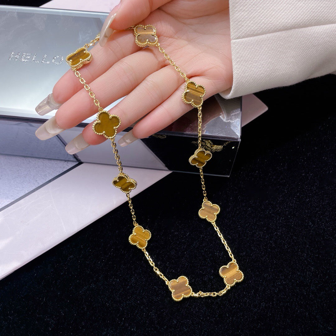 [⭐Lioran]CLOVER 10 MOTIFS TIGER EYE NECKLACE