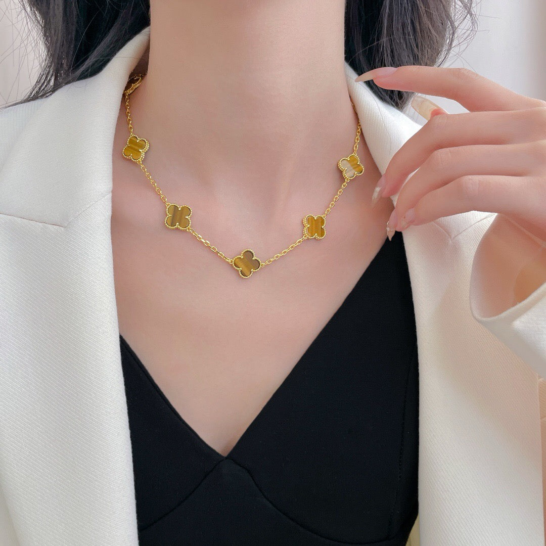 [⭐Lioran]CLOVER 10 MOTIFS TIGER EYE NECKLACE
