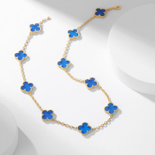 [⭐Lioran]CLOVER 10 MOTIFS BLUE AGATE NECKLACE