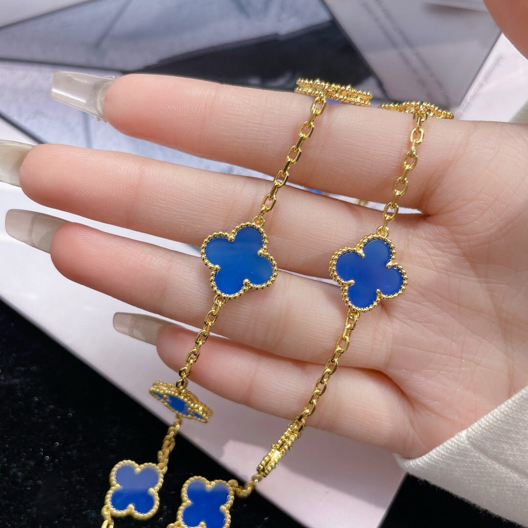 [⭐Lioran]CLOVER 10 MOTIFS BLUE AGATE NECKLACE