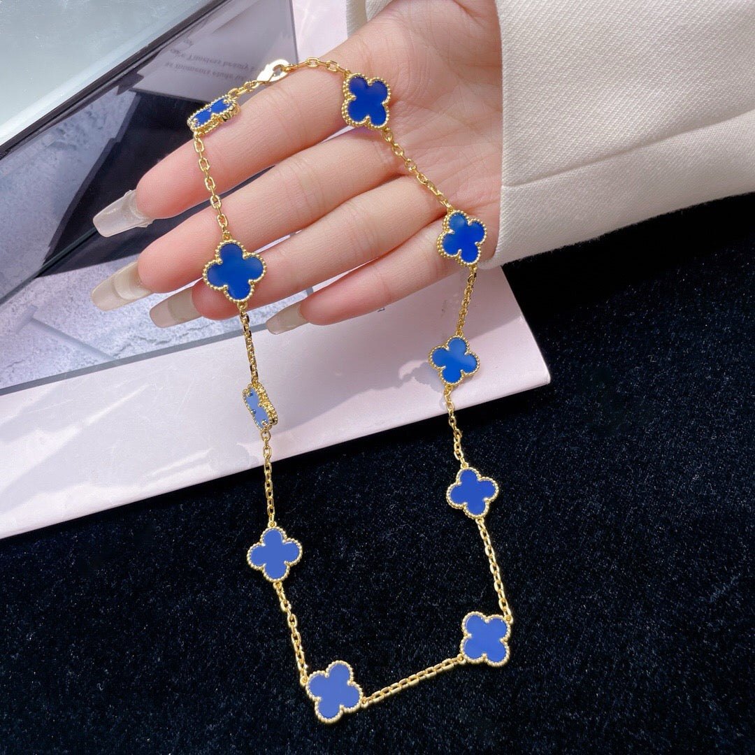 [⭐Lioran]CLOVER 10 MOTIFS BLUE AGATE NECKLACE