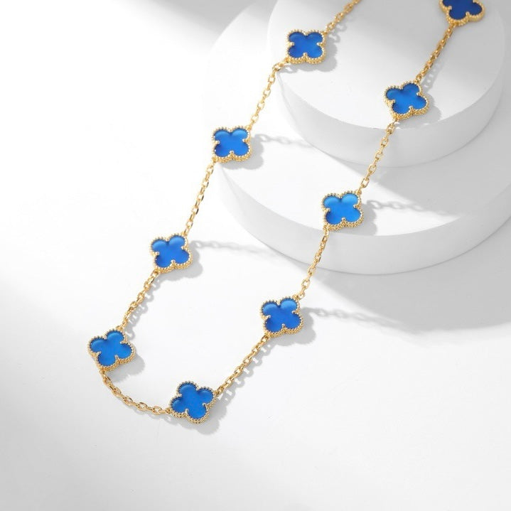 [⭐Lioran]CLOVER 10 MOTIFS BLUE AGATE NECKLACE