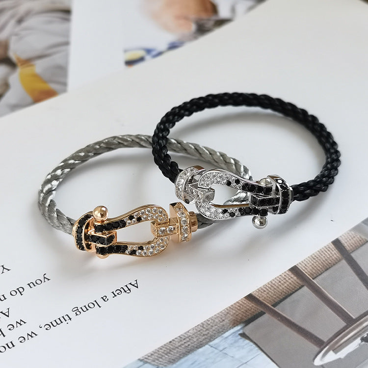 [⭐Lioran]FORCE LARGE HORSESHOE BLACK WHITE DIAMOND BRACELET SILVER
