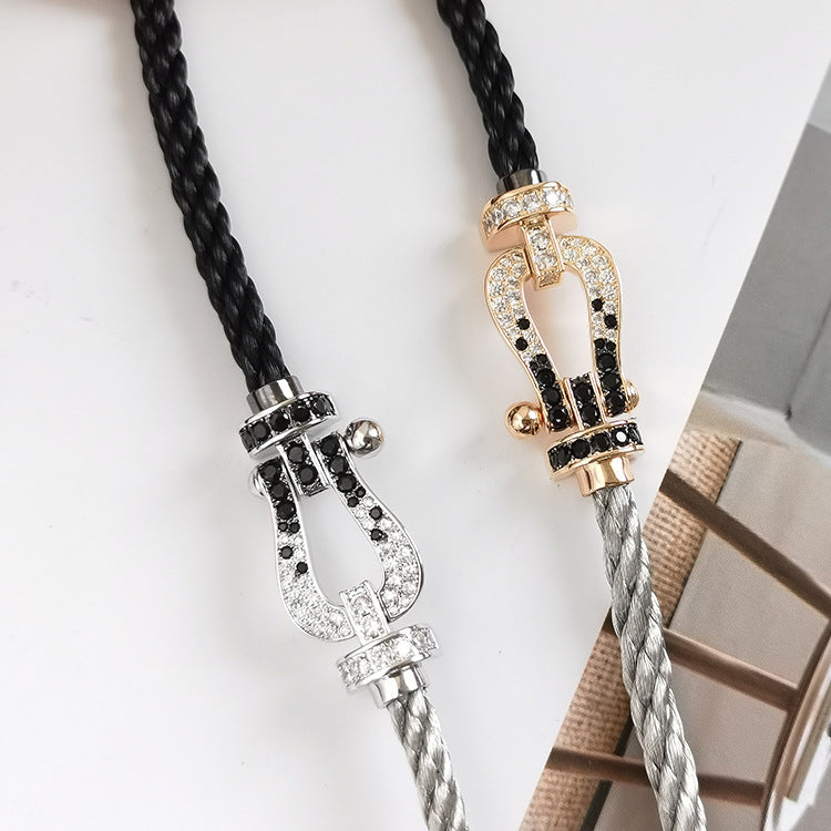 [⭐Lioran]FORCE LARGE HORSESHOE BLACK WHITE DIAMOND BRACELET SILVER