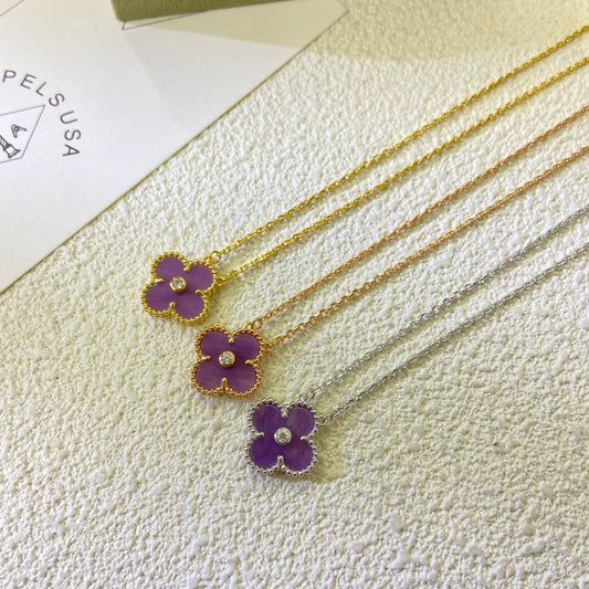 [⭐Lioran Jewelry]CLOVER 15MM DIAMOND  PURPLE VIOLET NECKLACE