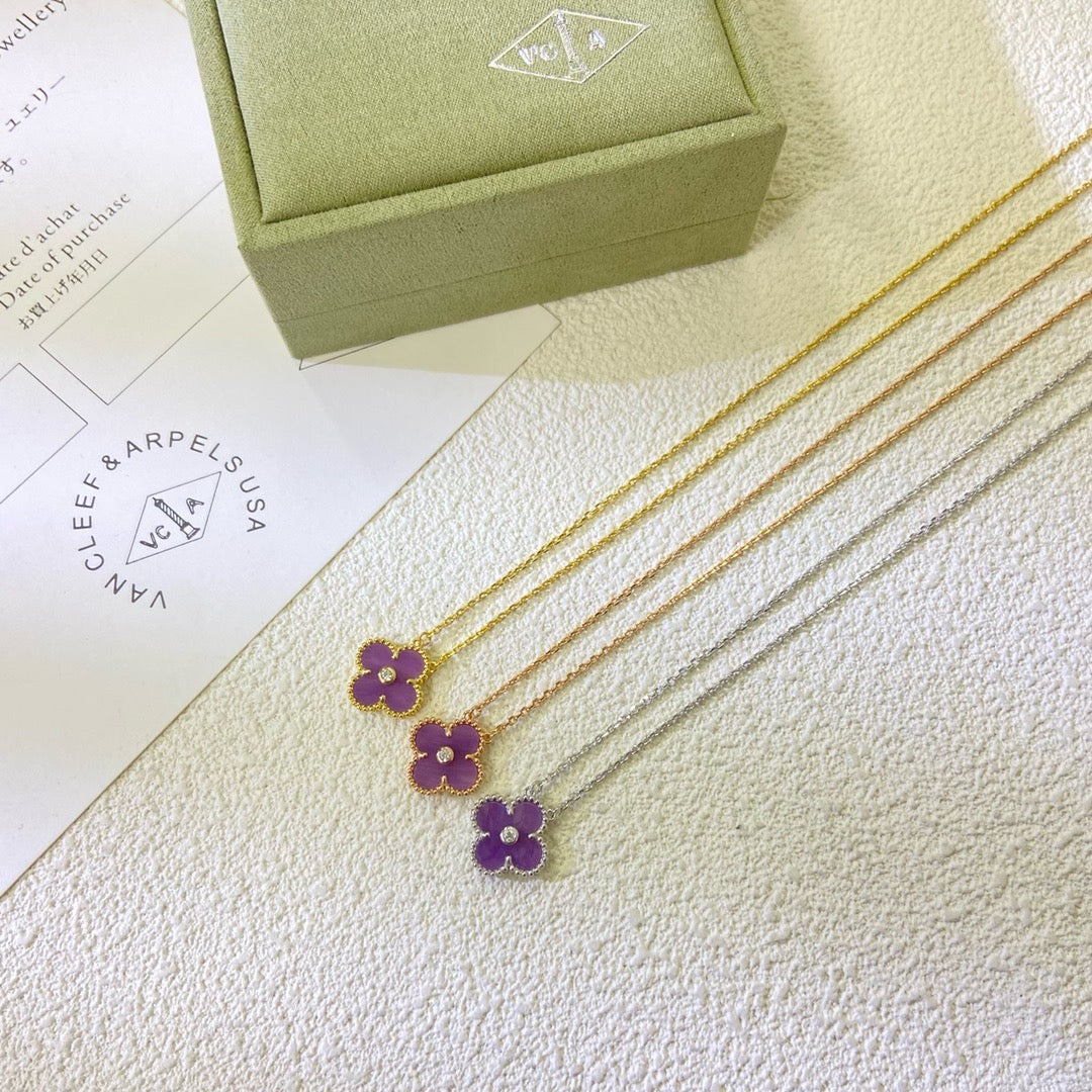 [⭐Lioran Jewelry]CLOVER 15MM DIAMOND  PURPLE VIOLET NECKLACE
