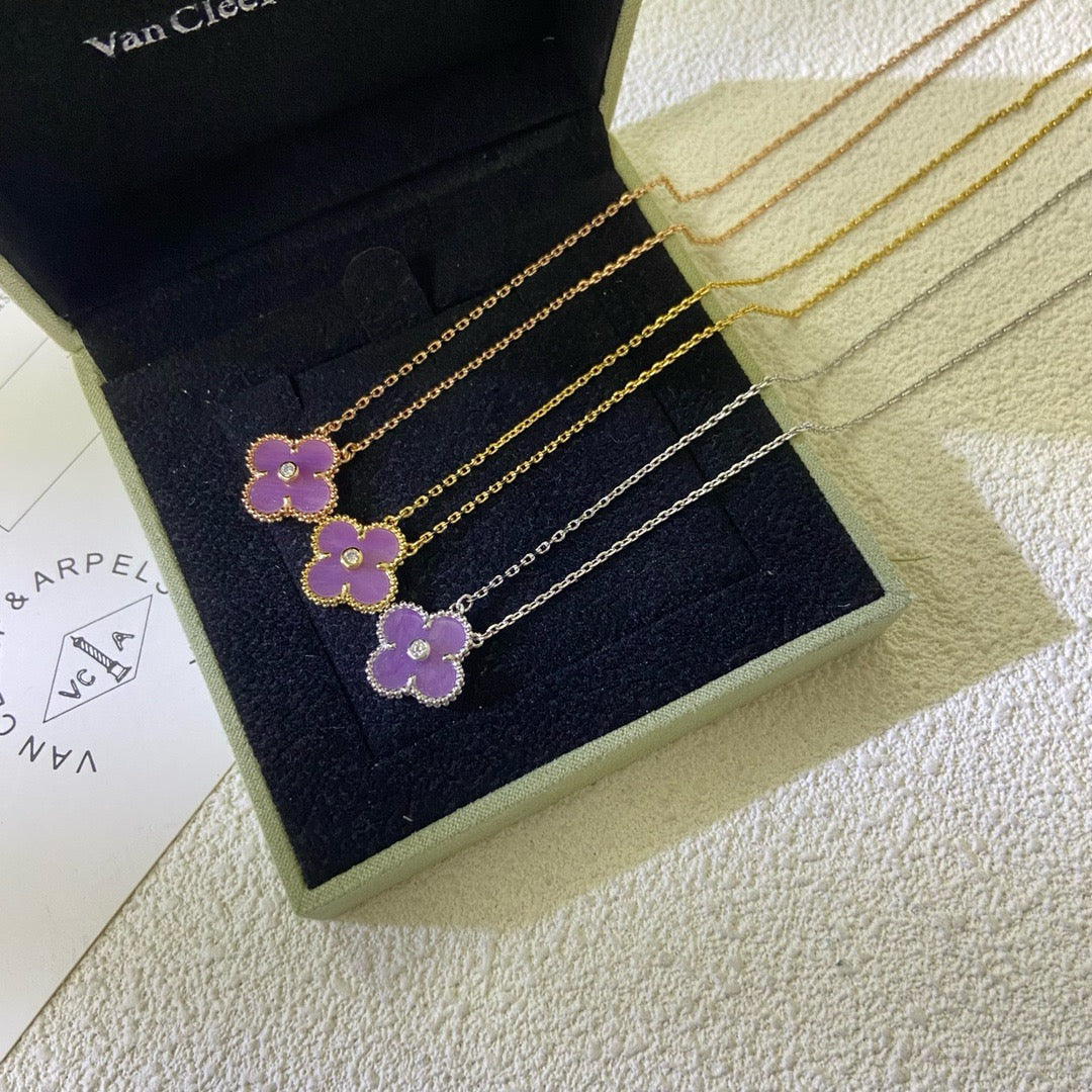 [⭐Lioran Jewelry]CLOVER 15MM DIAMOND  PURPLE VIOLET NECKLACE