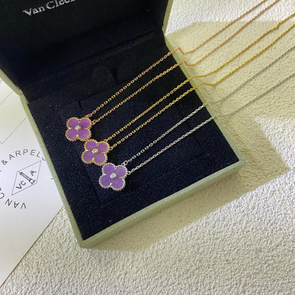 [⭐Lioran Jewelry]CLOVER 15MM DIAMOND  PURPLE VIOLET NECKLACE