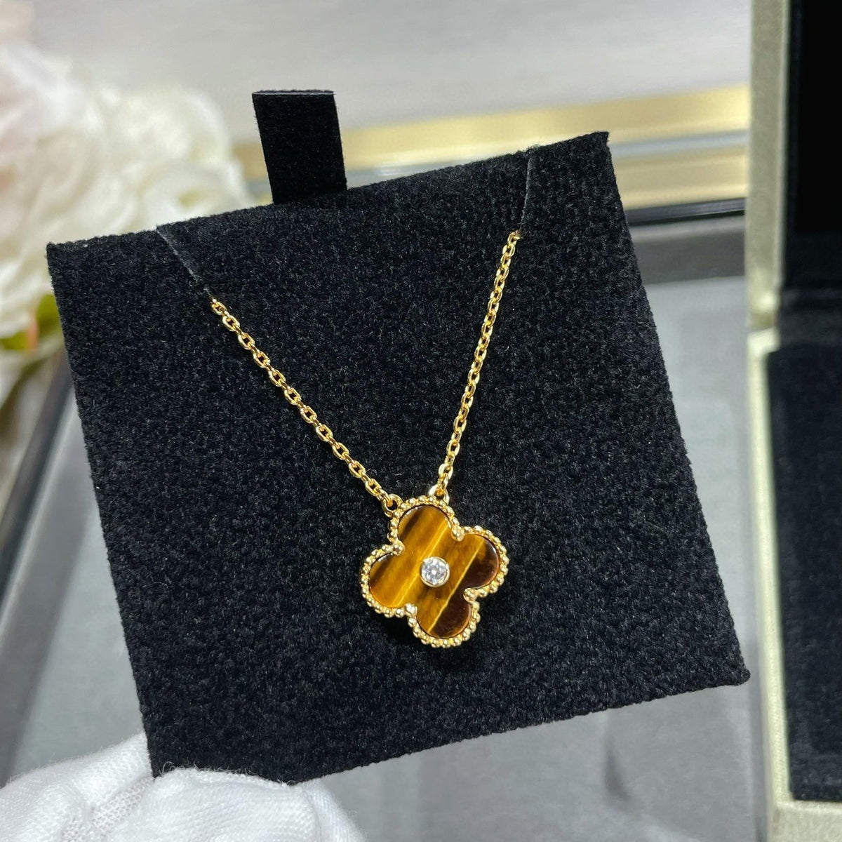 [⭐Lioran]CLOVER 15MM DIAMOND AND YELLOW TIGER'S EYE AGATE necklace