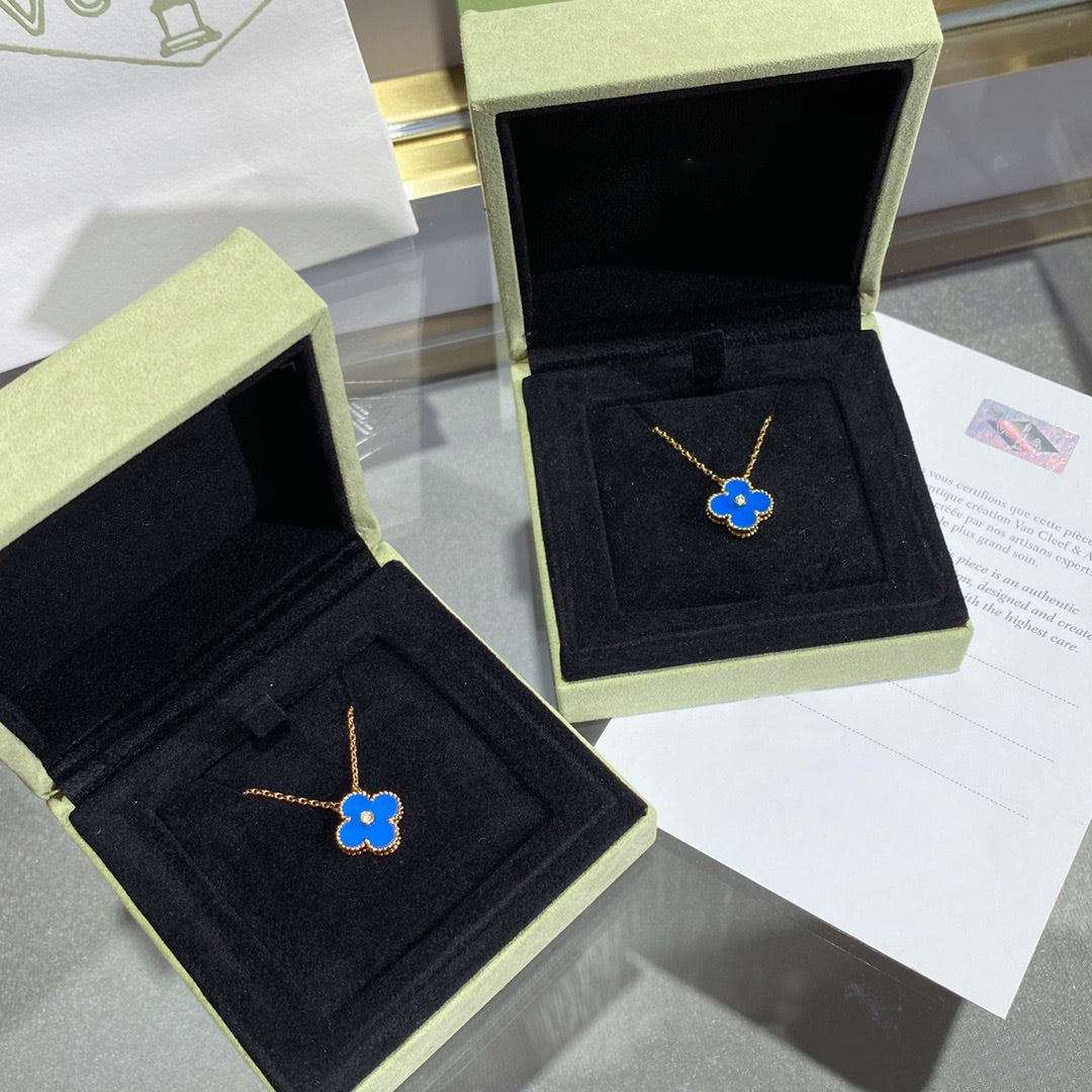 [⭐Lioran]CLOVER 15MM DIAMOND AND BLUE AGATE NECKLACE