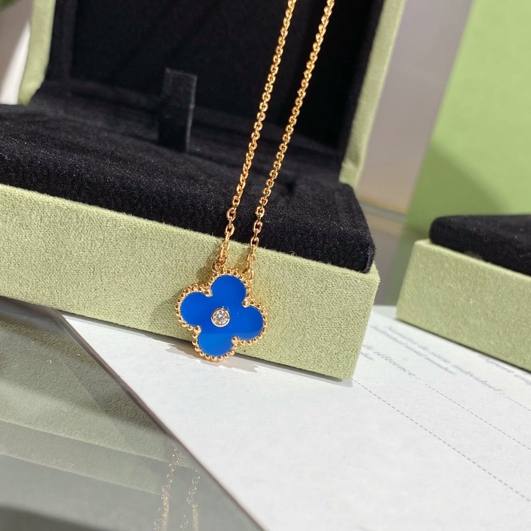 [⭐Lioran]CLOVER 15MM DIAMOND AND BLUE AGATE NECKLACE