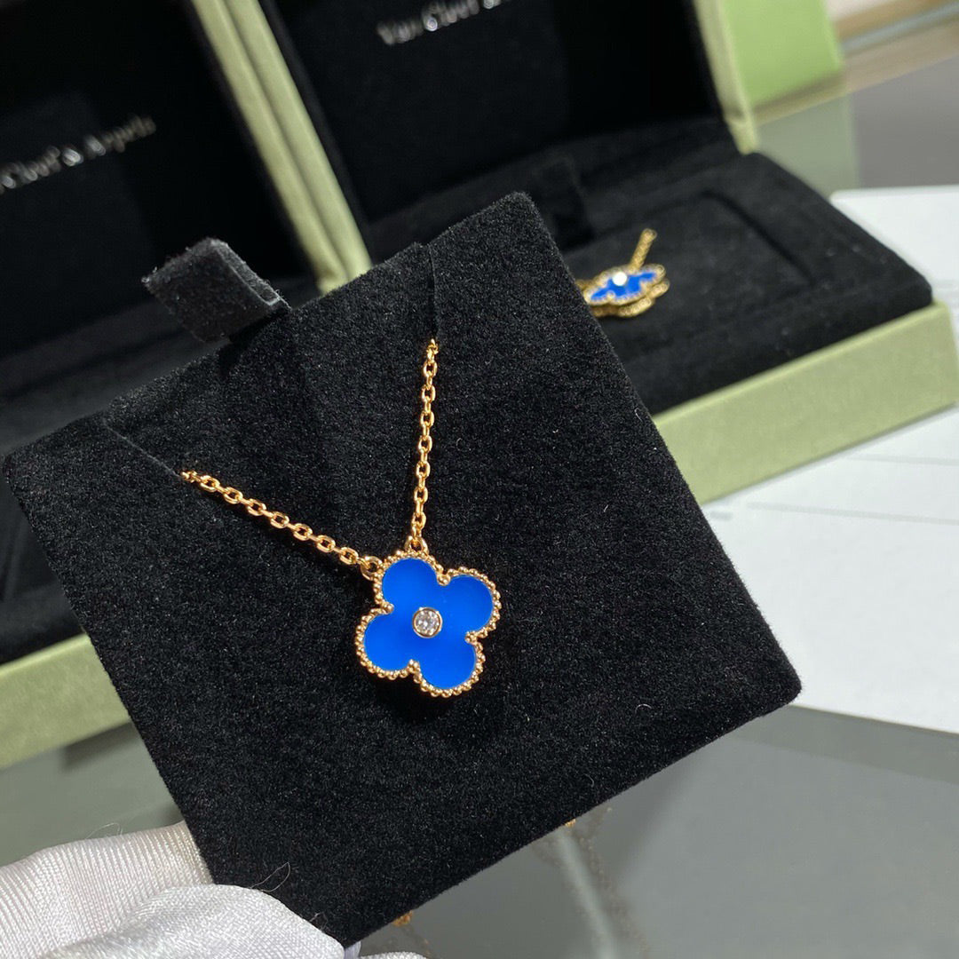 [⭐Lioran]CLOVER 15MM DIAMOND AND BLUE AGATE NECKLACE