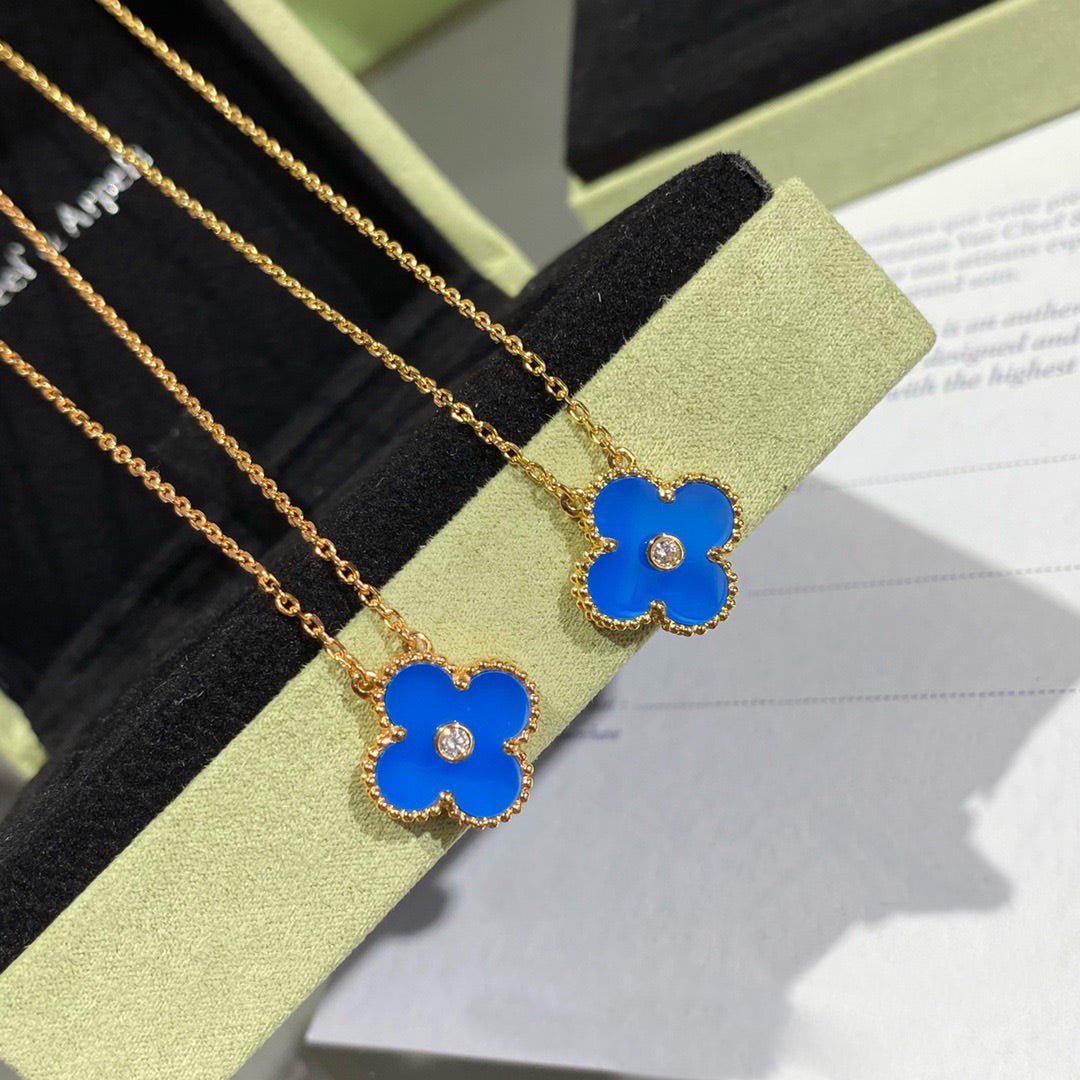 [⭐Lioran]CLOVER 15MM DIAMOND AND BLUE AGATE NECKLACE
