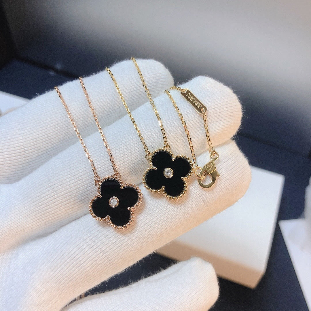 [⭐Lioran]CLOVER 15MM DIAMOND ONYX NECKLACE