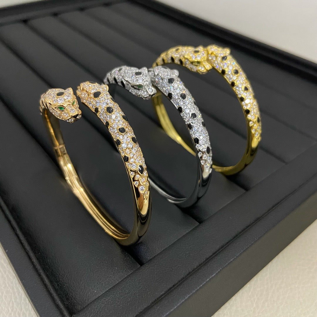 [⭐Lioran]PANTHERE DOUBLE HEADED HALF DIAMOND OPEN BRACELET