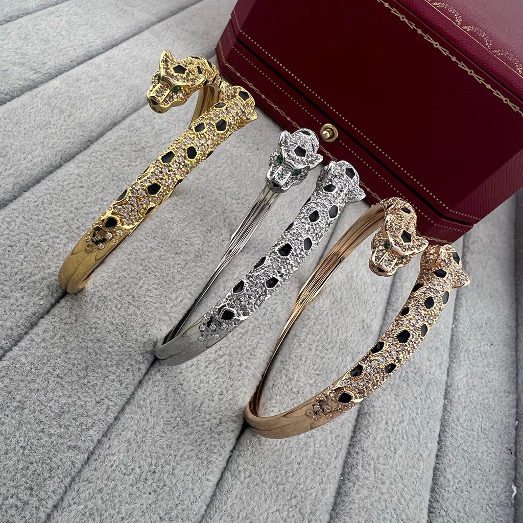 [⭐Lioran]PANTHERE DOUBLE HEADED HALF DIAMOND OPEN BRACELET