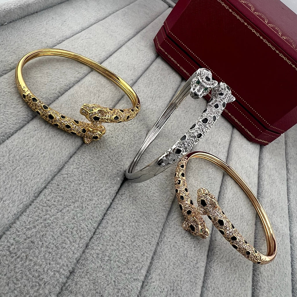 [⭐Lioran]PANTHERE DOUBLE HEADED HALF DIAMOND OPEN BRACELET