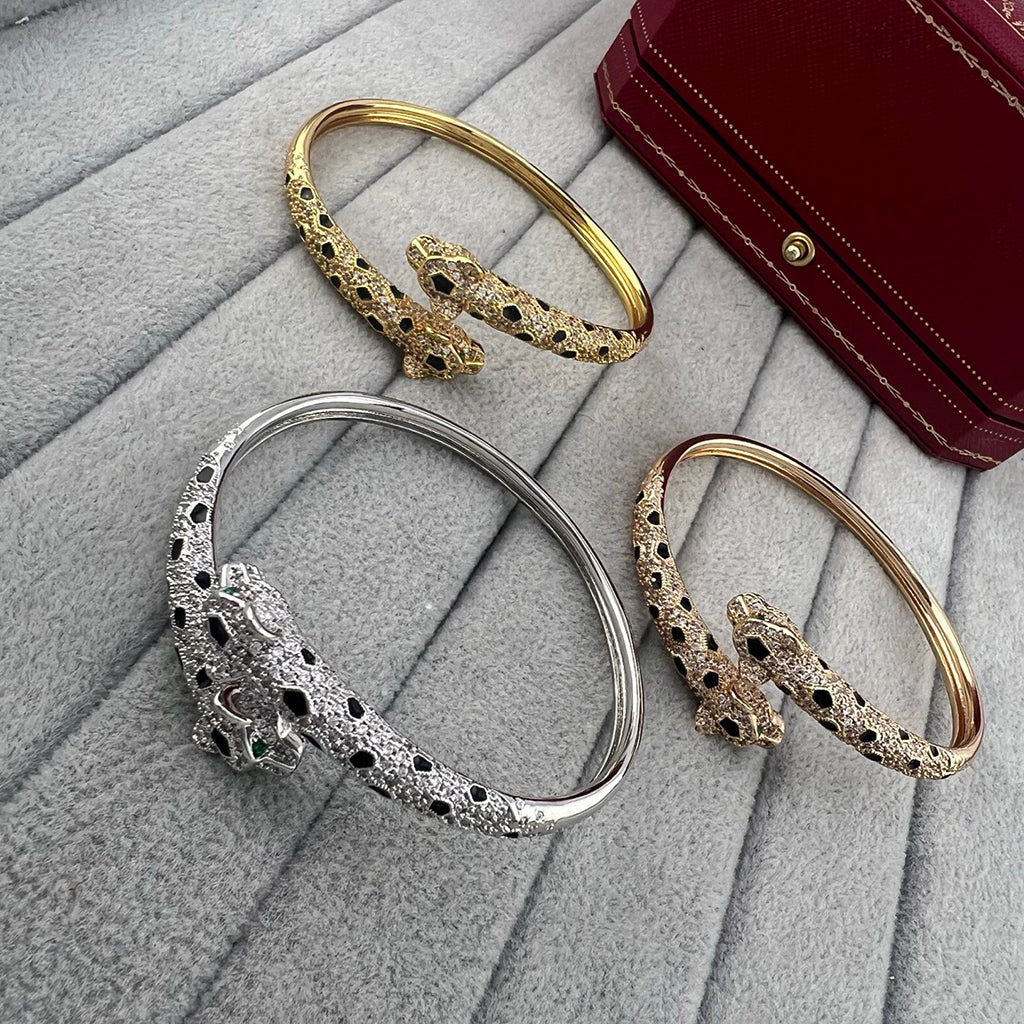 [⭐Lioran]PANTHERE DOUBLE HEADED HALF DIAMOND OPEN BRACELET