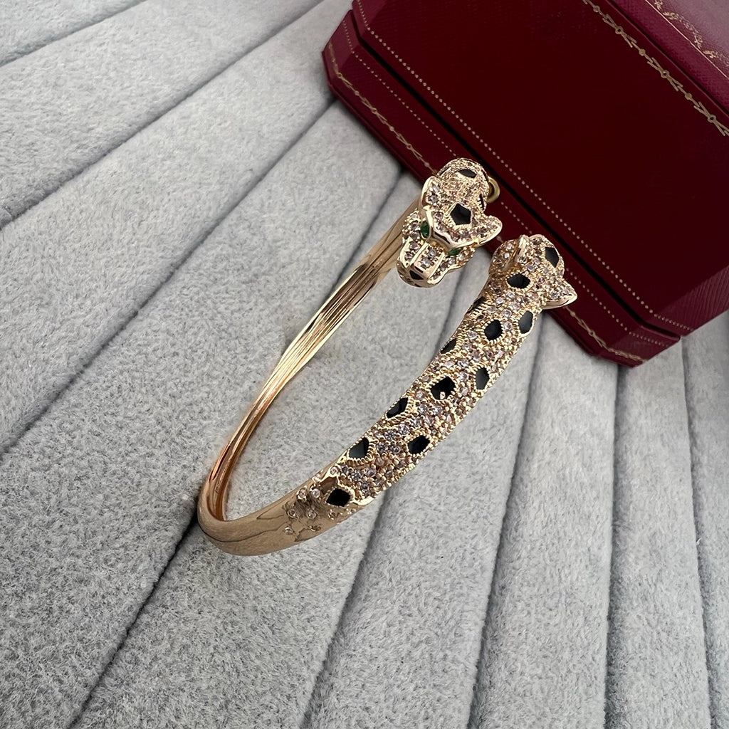 [⭐Lioran]PANTHERE DOUBLE HEADED HALF DIAMOND OPEN BRACELET