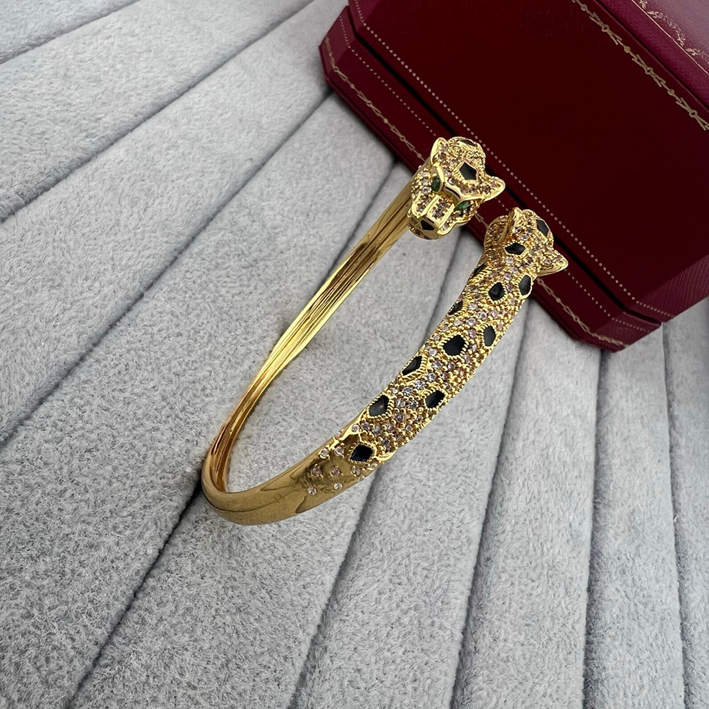 [⭐Lioran]PANTHERE DOUBLE HEADED HALF DIAMOND OPEN BRACELET