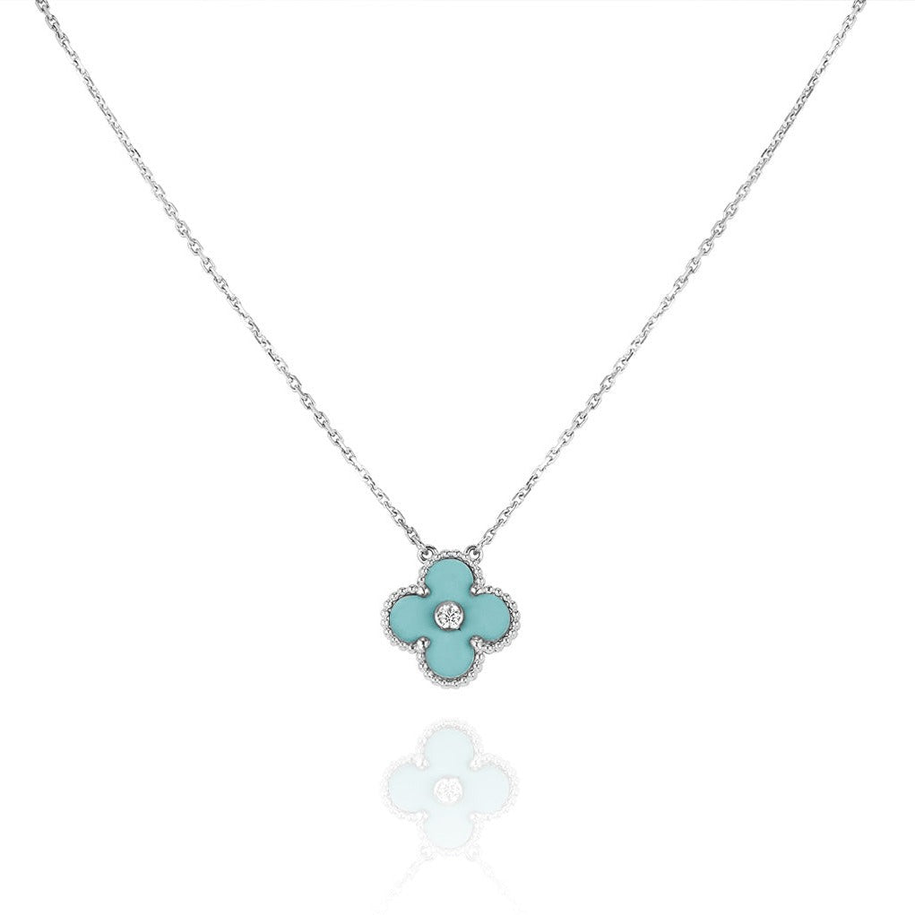 [⭐Lioran]CLOVER 1 DIAMOND LIGHT BLUE SILVER NECKLACE