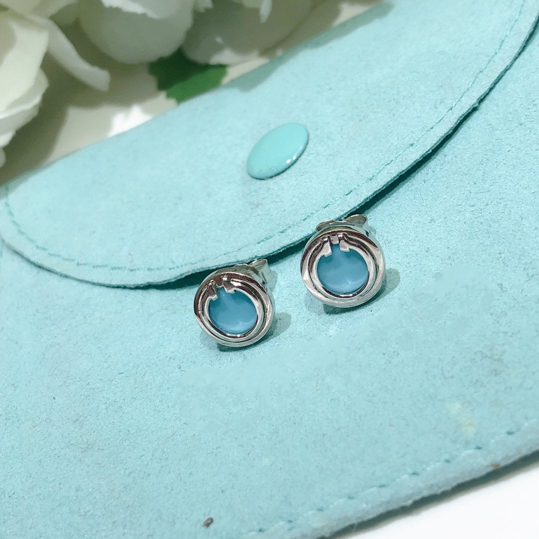 [Lioran]TURQUOISE CIRCLE WHITE GOLD EARRINGS