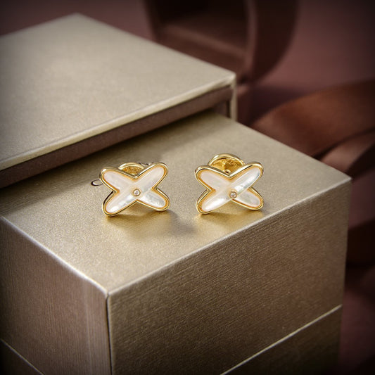 [⭐Lioran]JEUX DE WHITE MOP GOLD DIAMOND EARRINGS