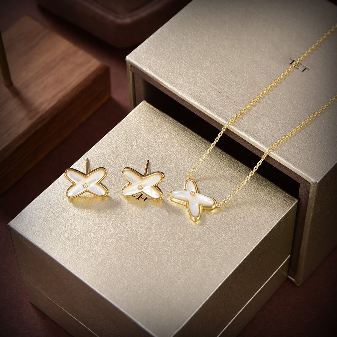 [⭐Lioran]JEUX DE WHITE MOP GOLD DIAMOND EARRINGS