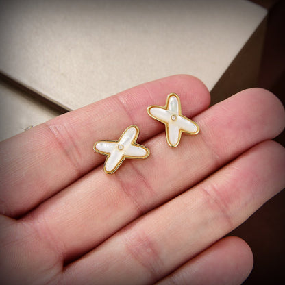 [⭐Lioran]JEUX DE WHITE MOP GOLD DIAMOND EARRINGS