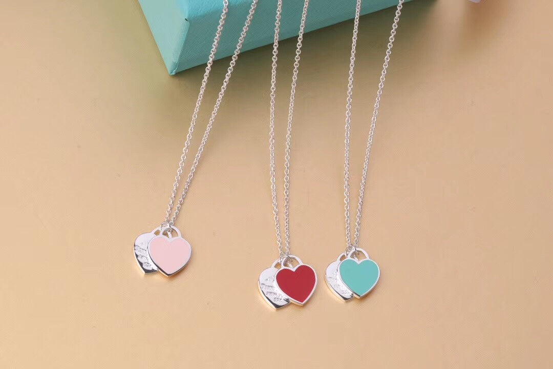 [Lioran]DOUBLE HEART TAG PENDANT SILVER MINI NECKLACE