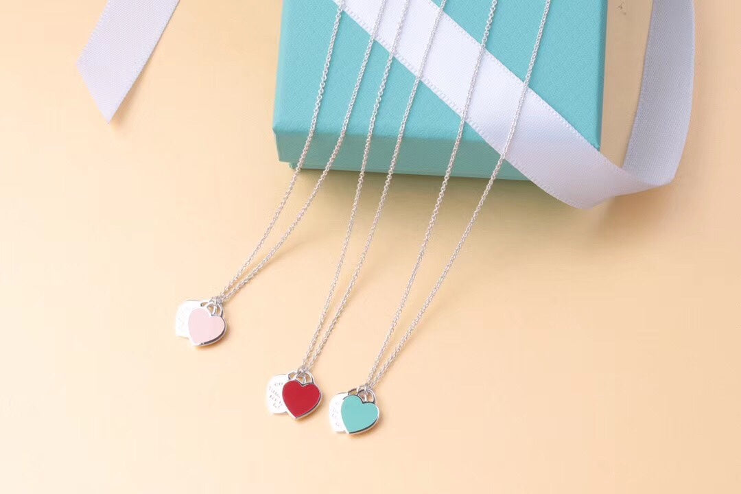 [Lioran]DOUBLE HEART TAG PENDANT SILVER MINI NECKLACE