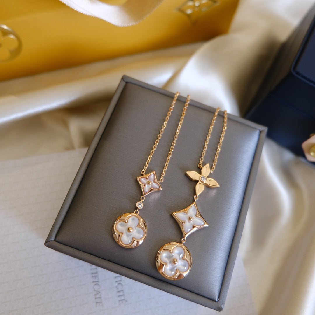 [⭐Lioran]COLOR BLOSSOM LARIAT NECKLACE PINK GOLD WHITE MOTHER PEARL AND DIAMOND
