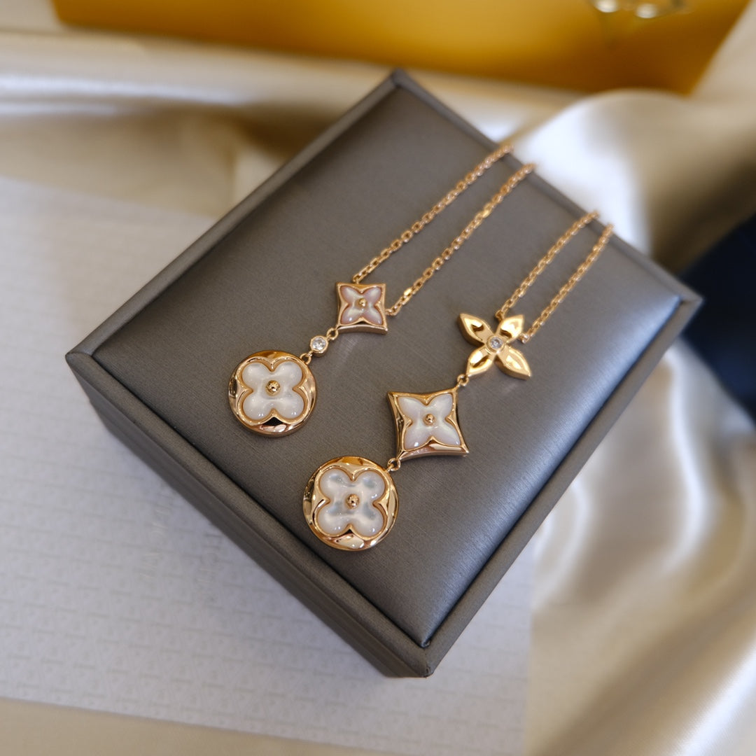 [⭐Lioran]COLOR BLOSSOM LARIAT NECKLACE PINK GOLD WHITE MOTHER PEARL AND DIAMOND