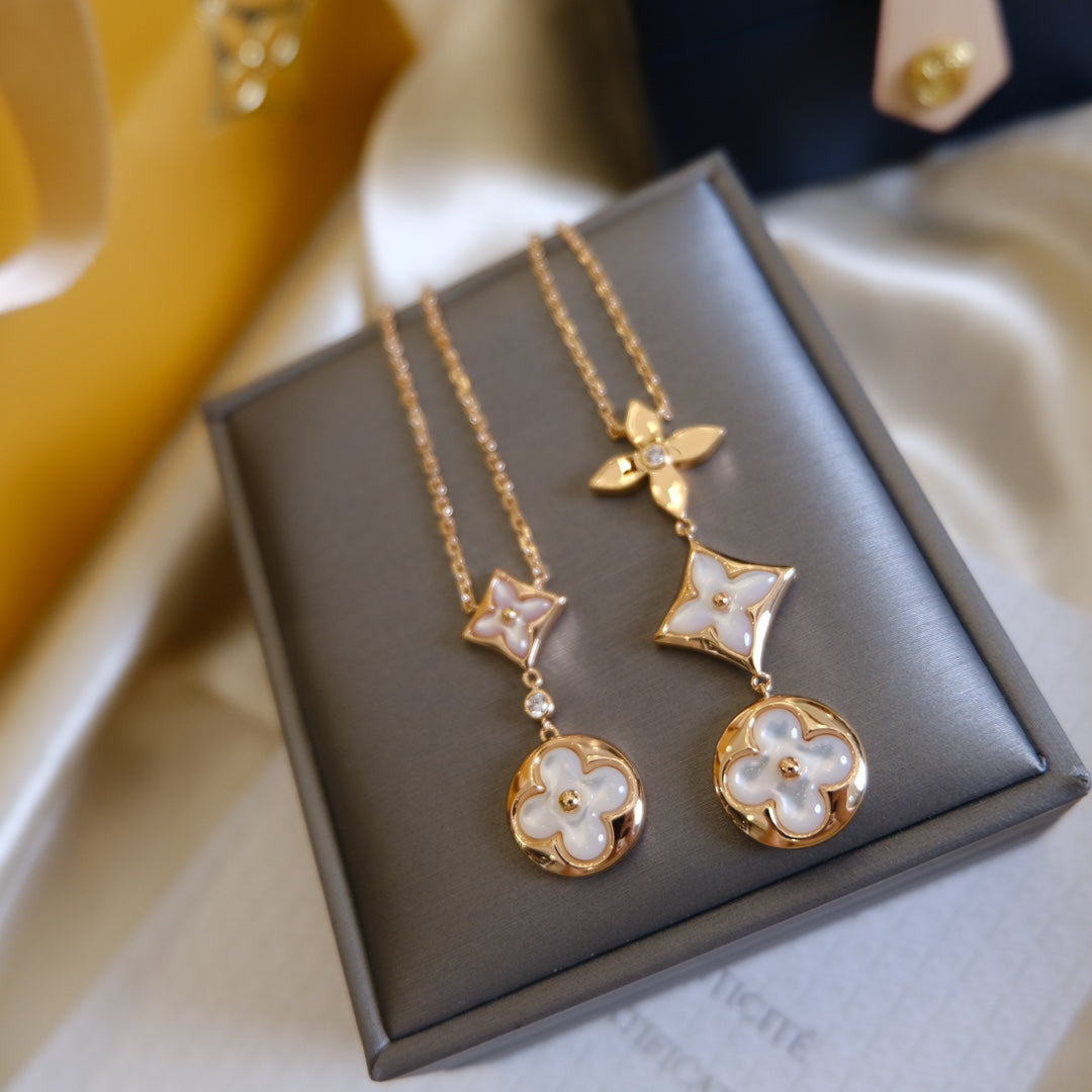 [⭐Lioran]COLOR BLOSSOM LARIAT NECKLACE PINK GOLD WHITE MOTHER PEARL AND DIAMOND