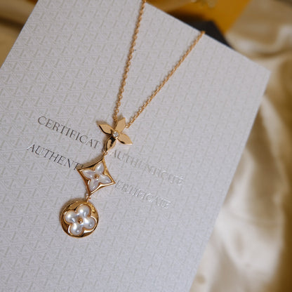 [⭐Lioran]COLOR BLOSSOM LARIAT NECKLACE PINK GOLD WHITE MOTHER PEARL AND DIAMOND