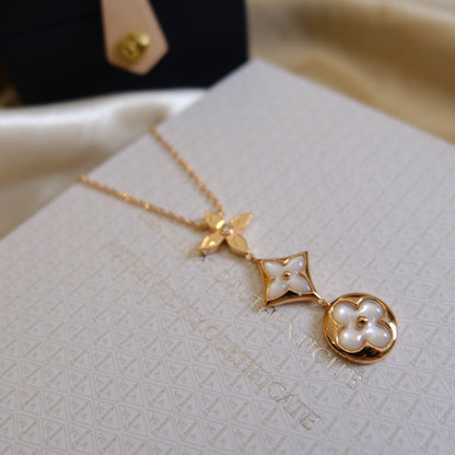 [⭐Lioran]COLOR BLOSSOM LARIAT NECKLACE PINK GOLD WHITE MOTHER PEARL AND DIAMOND