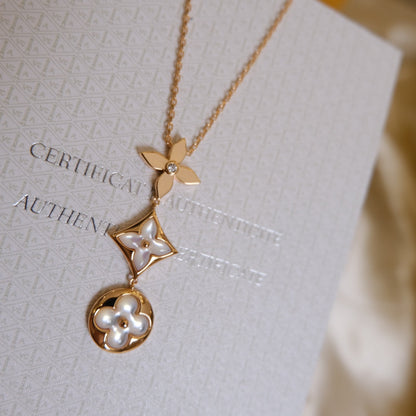 [⭐Lioran]COLOR BLOSSOM LARIAT NECKLACE PINK GOLD WHITE MOTHER PEARL AND DIAMOND