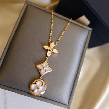 [⭐Lioran]COLOR BLOSSOM LARIAT NECKLACE PINK GOLD WHITE MOTHER PEARL AND DIAMOND